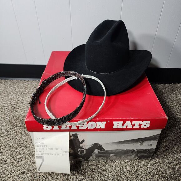 Stetson Other - John B Stetson Black 4X Beaver Fur Felt 3.5" Brim Cowboy Hat Size 7, 2 Hat Trims
